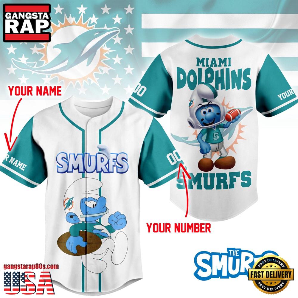NFL Miami Dolphins The Smurfs Movie Unique Design Custom Baseball Jersey NFL Miami Dolphins The Smurfs Movie Unique Design Custom Baseball Jersey