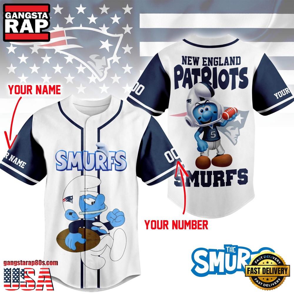 NFL New England Patriots The Smurfs Movie Unique Design Custom Baseball Jersey NFL New England Patriots The Smurfs Movie Unique Design Custom Baseball Jersey