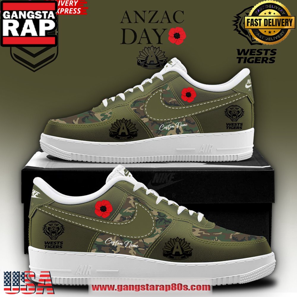 Wests Tigers ANZAC Day 2025 Air Force 1 Running Sneakers Shoes Wests Tigers ANZAC Day 2025 Air Force 1 Running Sneakers Shoes