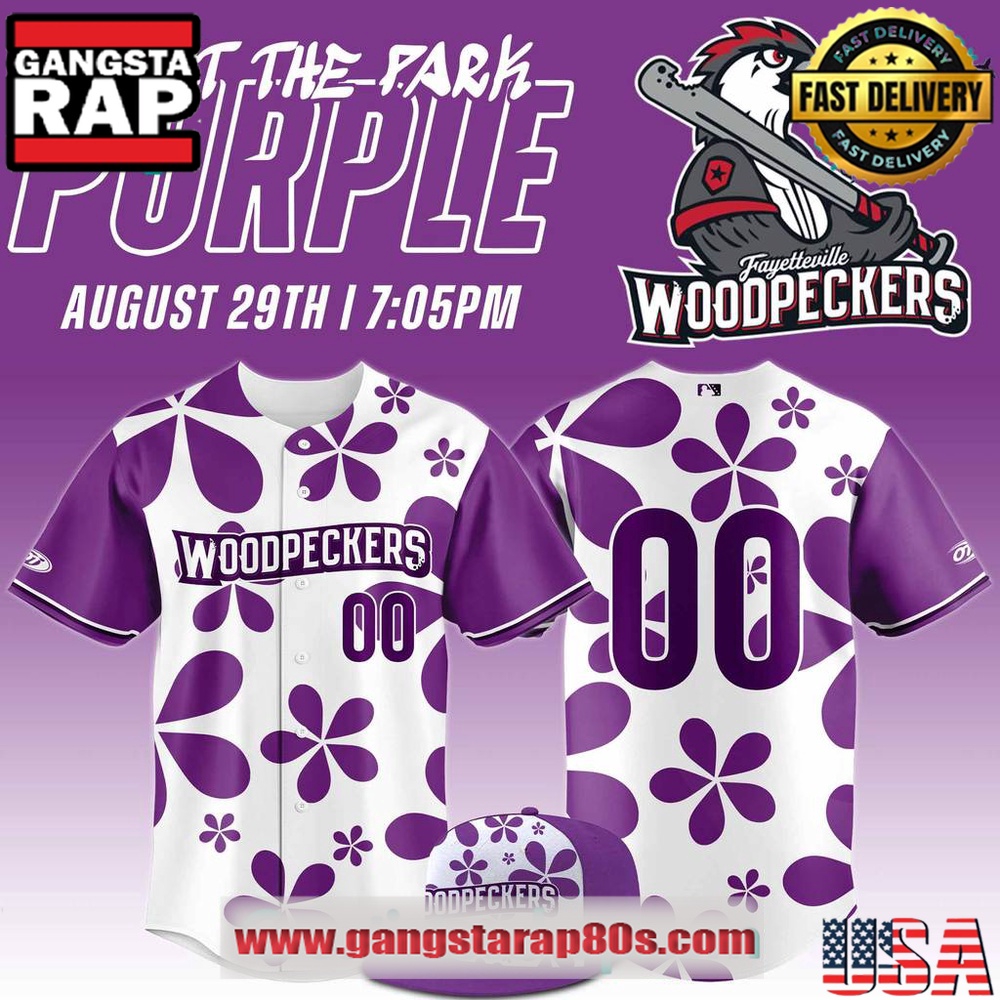 Fayetteville Woodpecker Purple Paint the Park Custom Baseball Jersey Fayetteville Woodpecker Purple Paint the Park Custom Baseball Jersey