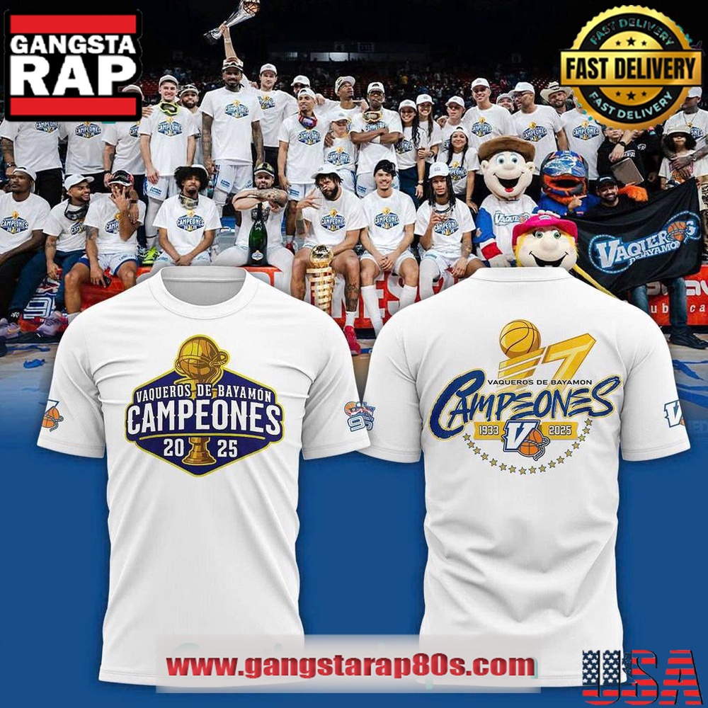 Vaqueros de Bayamon Champions Baloncesto Superior Nacional 2025 White T Shirt Vaqueros de Bayamon Champions Baloncesto Superior Nacional 2025 White T Shirt