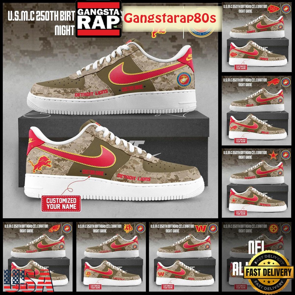 All Team NFL Celebration US Marine Corps 250th Birthday Night Game Custom Name Air Force 1 Sneakers Shoes All Team NFL Celebration US Marine Corps 250th Birthday Night Game Custom Name Air Force 1 Sneakers Shoes