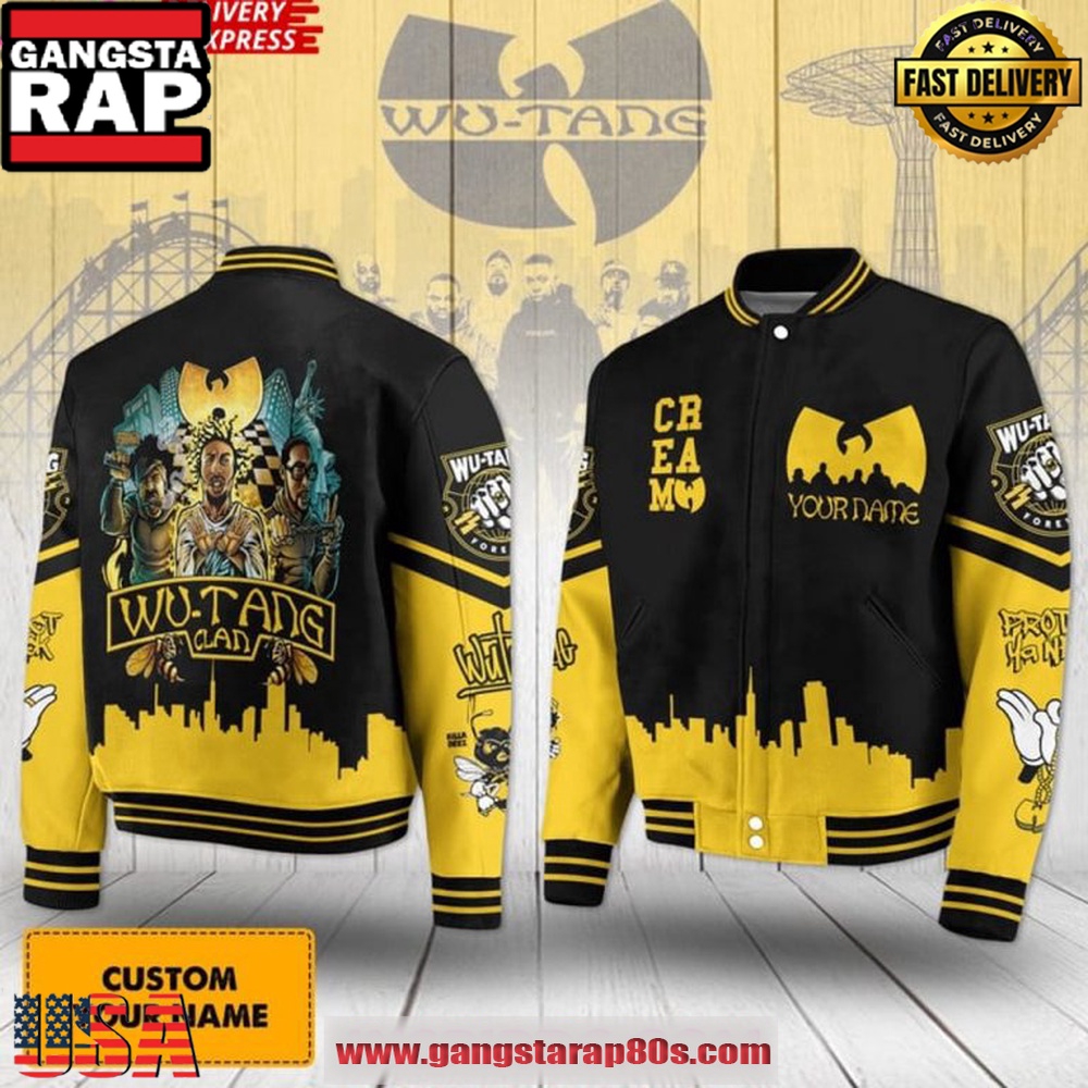 Cream Wu Tang Clan Custom Name Baseball Jacket