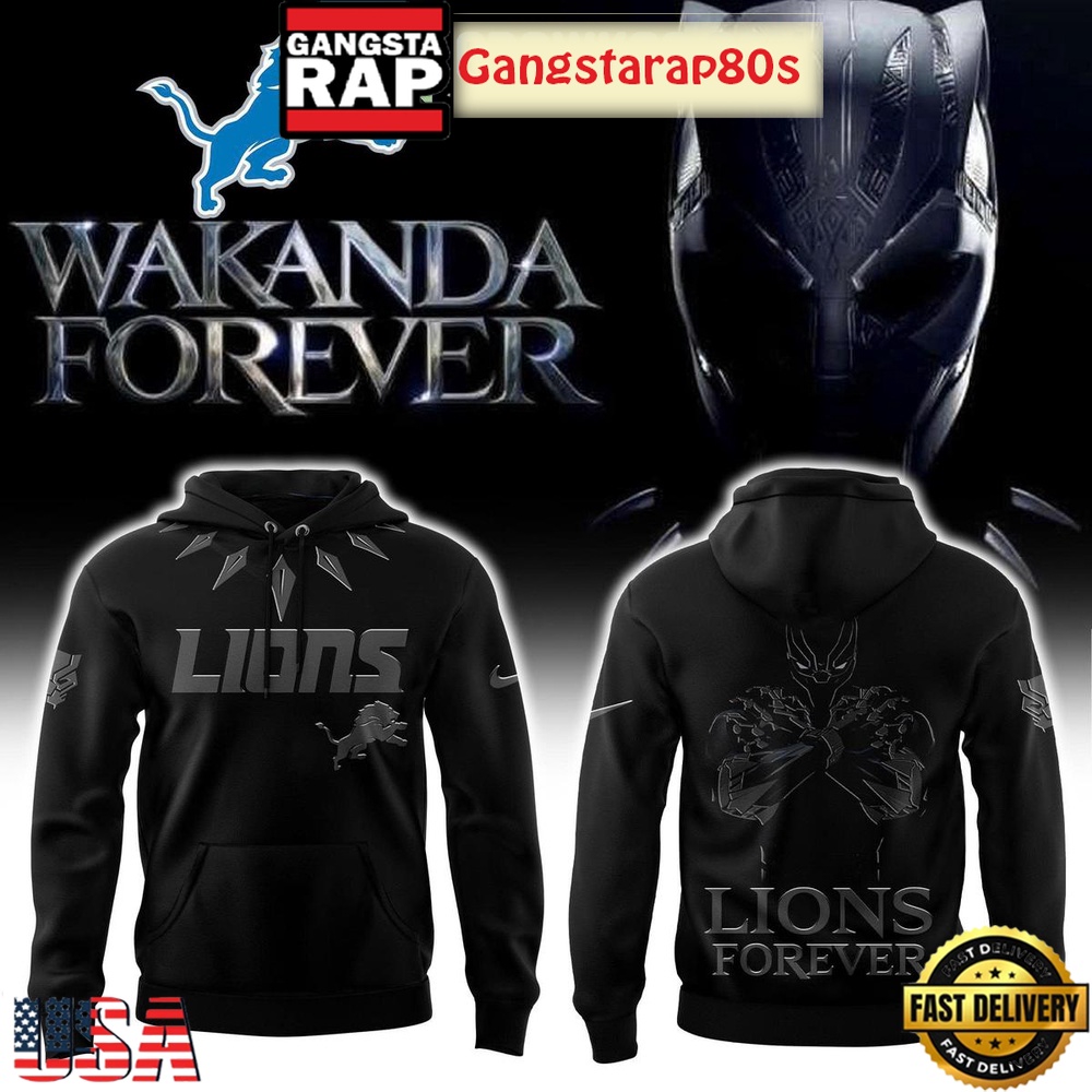 Detroit Lions Black Panther Wakanda Forever All Over Print Hoodie