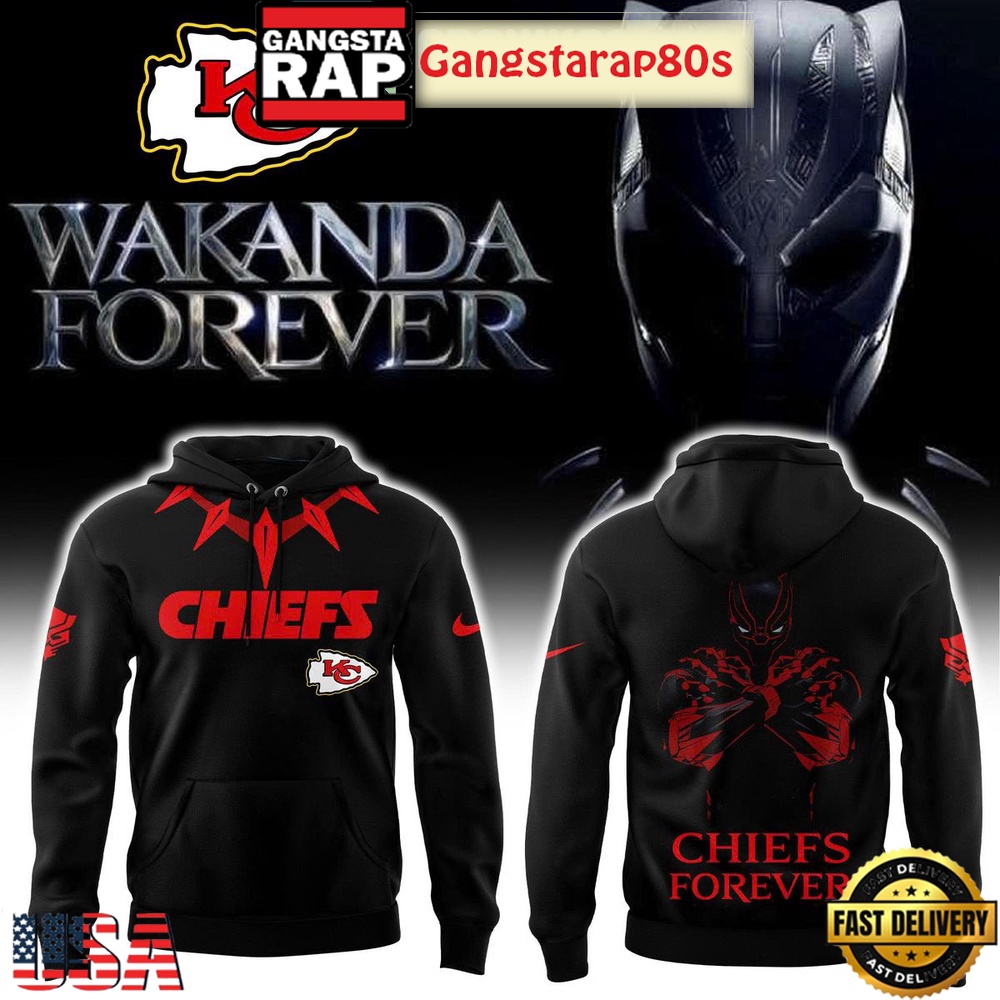 Kansas City Chiefs Black Panther Wakanda Forever All Over Print Hoodie