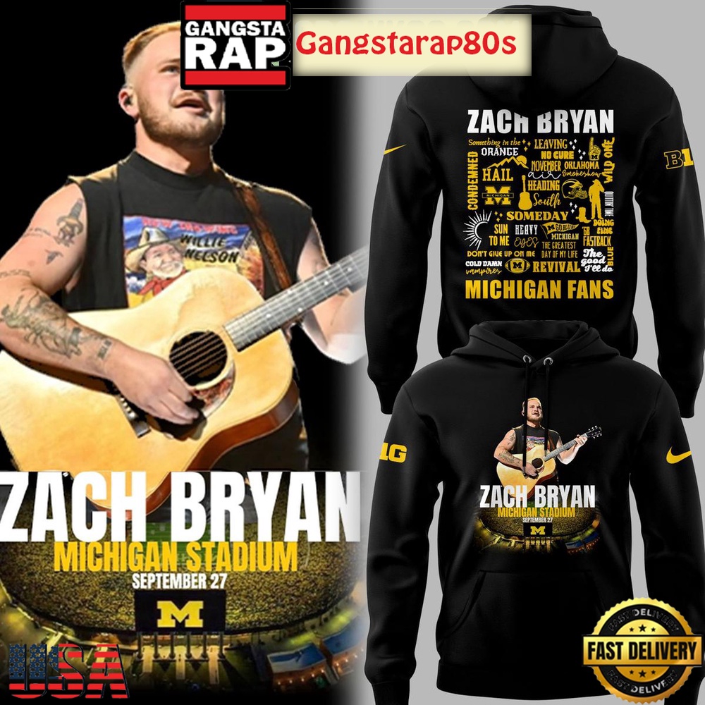 Michigan Wolverines x Zach Bryan Celebration The Quittin' Time Tour In Michigan Stadium 2025 Black All Over Print Hoodie