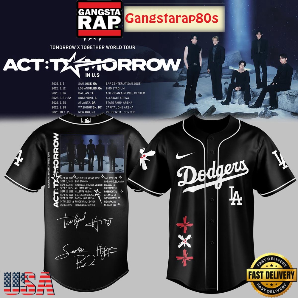 MLB All Team x TXT Tomorrow X Together Tour 2025 Black Baseball Jersey Shirt