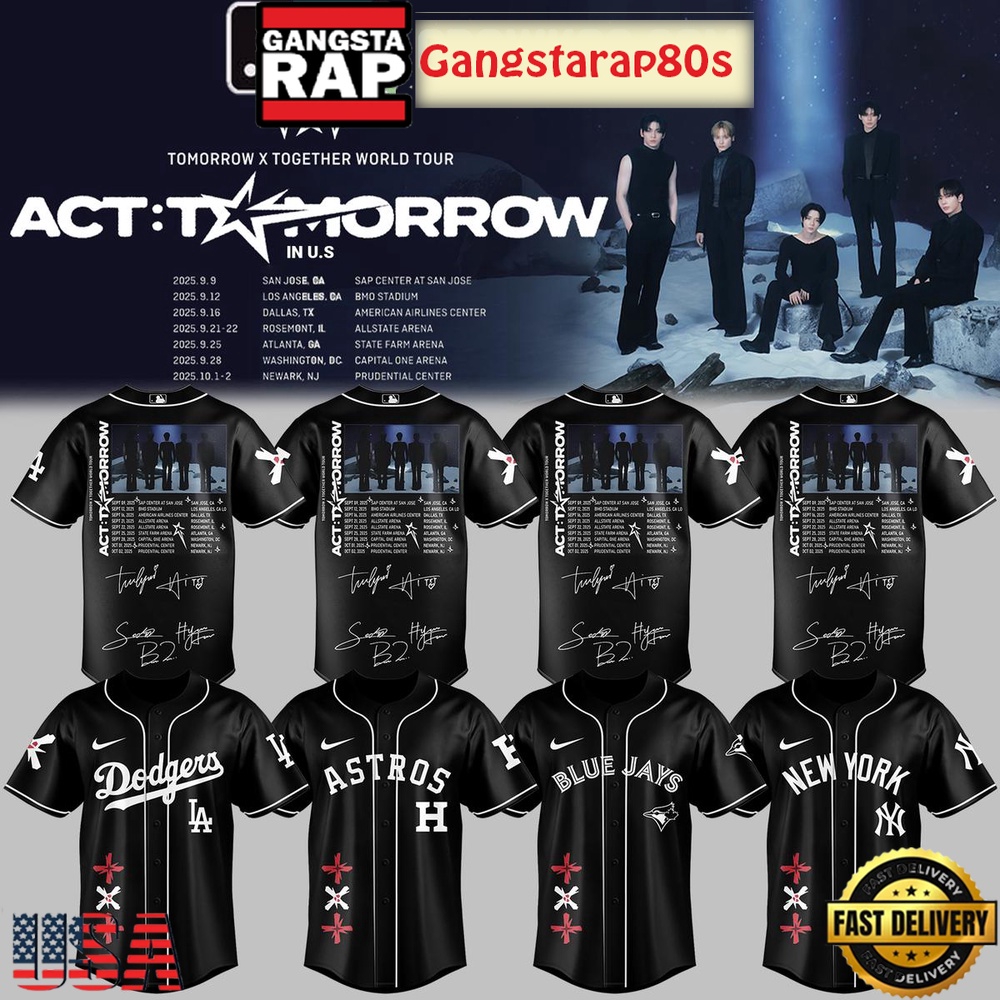 MLB All Team x TXT Tomorrow X Together Tour 2025 Black Baseball Jersey Shirt