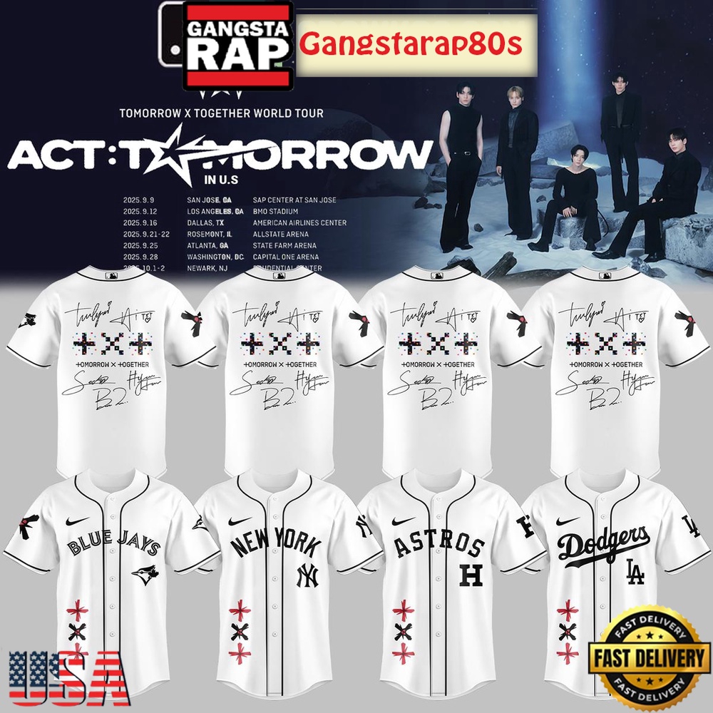 MLB All Team x TXT Tomorrow X Together Tour 2025 White Baseball Jersey Shirt
