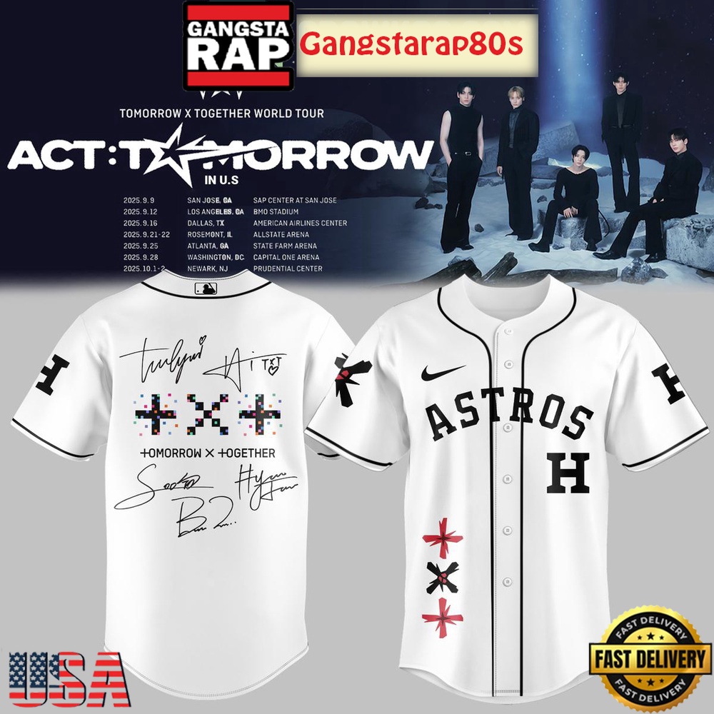MLB All Team x TXT Tomorrow X Together Tour 2025 White Baseball Jersey Shirt MLB All Team x TXT Tomorrow X Together Tour 2025 White Baseball Jersey Shirt