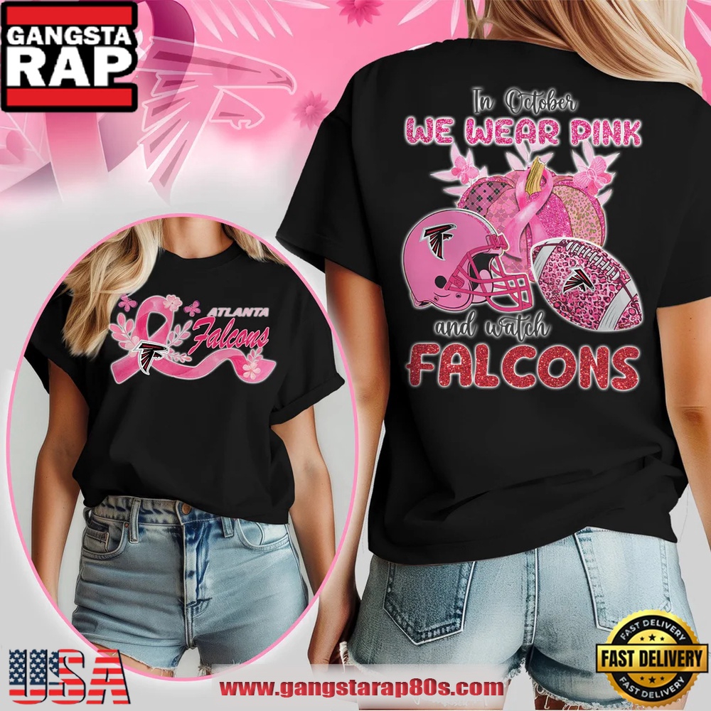 Atlanta Falcons NFL In October We Wear Pink And Watch 2025 Women's Black Shirt Atlanta Falcons NFL In October We Wear Pink And Watch 2025 Women's Black Shirt