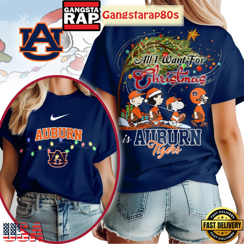 Auburn Tigers NCAA All I Want For Christmas Peanuts New Edition Blue Shirt