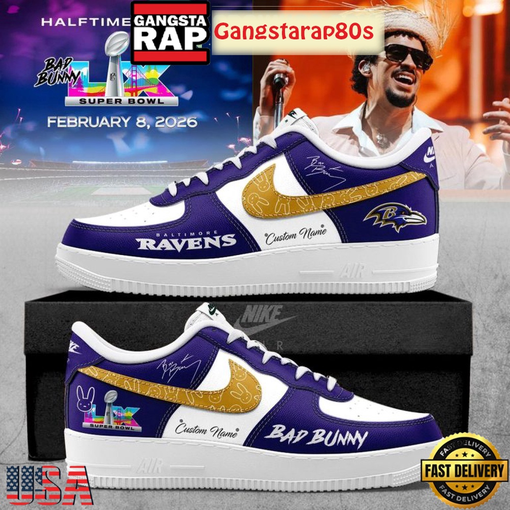 Baltimore Ravens NFL Bad Bunny Super Bowl LX 2026 Custom Air Force 1 Sneakers Shoes