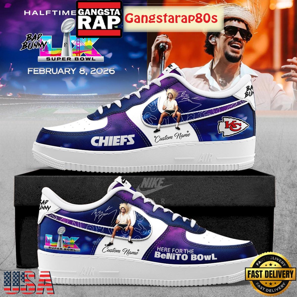 Kansas City Chiefs NFL Bad Bunny Here For The Benito Bowl 2026 Custom Air Force 1 Sneakers Shoes Kansas City Chiefs NFL Bad Bunny Here For The Benito Bowl 2026 Custom Air Force 1 Sneakers Shoes