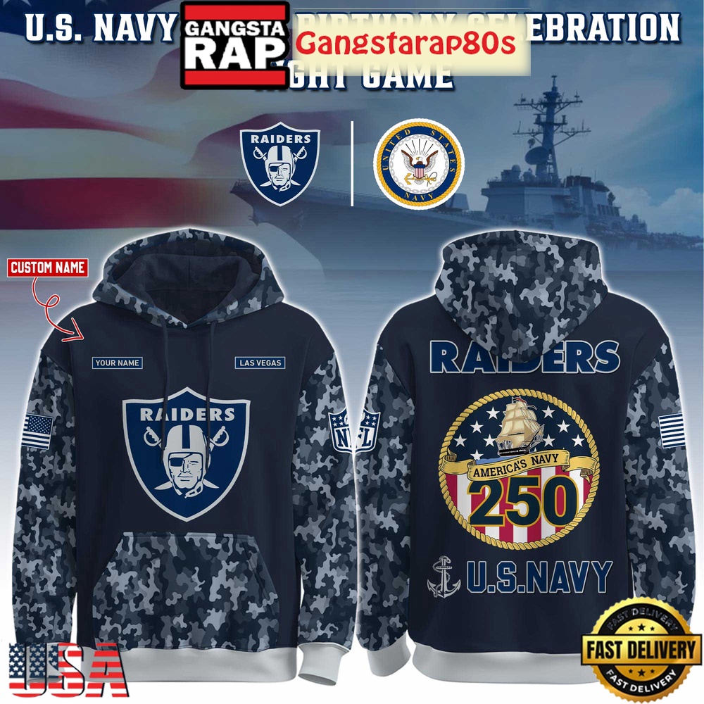 Las Vegas Raiders NFL x US Navy Veteran 250th Birthday 2025 Camo Custom Name Hoodies Joggers Set