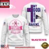 NFL Baltimore Ravens My God is Stronger Than Breast Cancer 2025 White Sweatshirt 2 NFL Baltimore Ravens My God is Stronger Than Breast Cancer 2025 White Sweatshirt