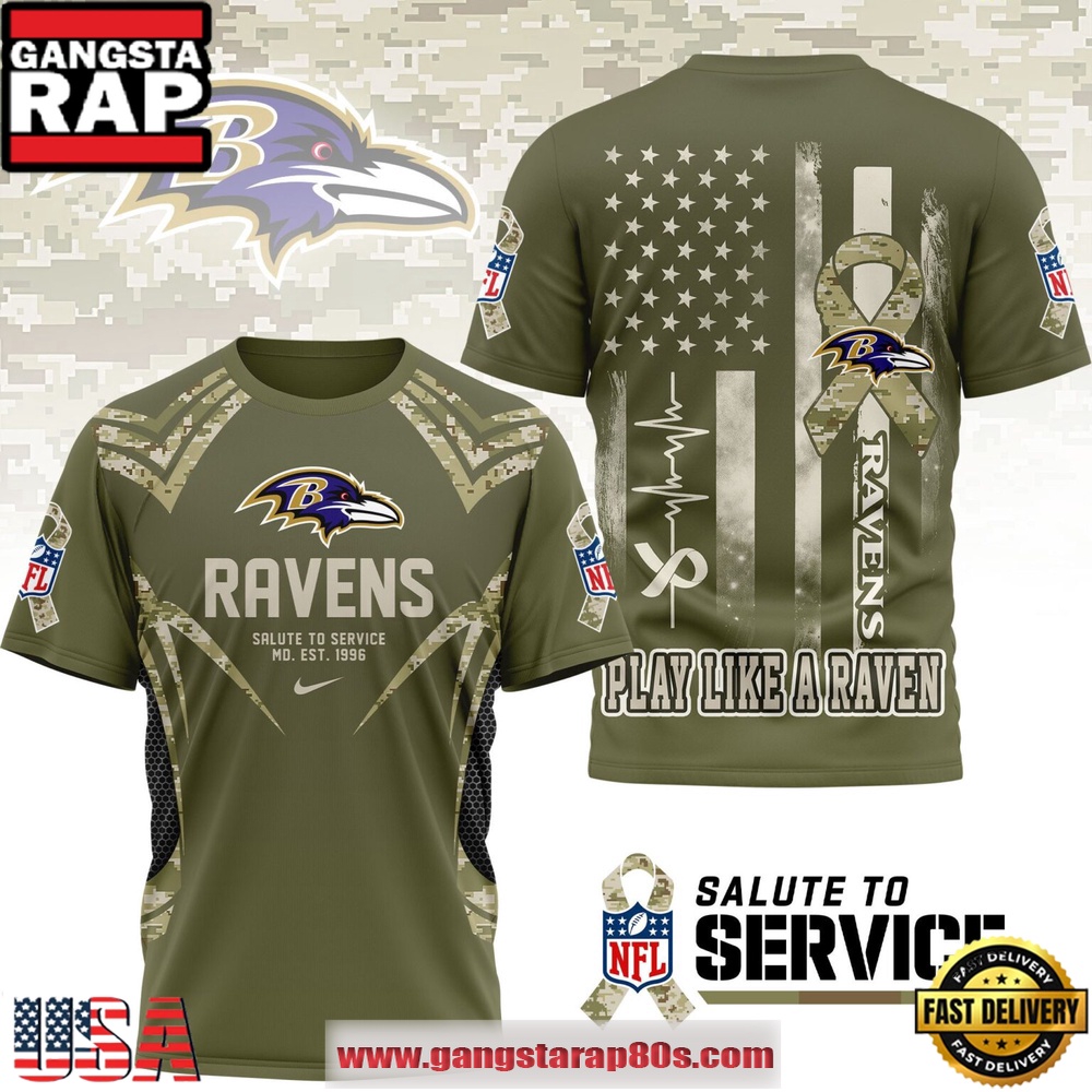NFL Baltimore Ravens Salute to Service 2025 Play Like A Rave 3D Shirt