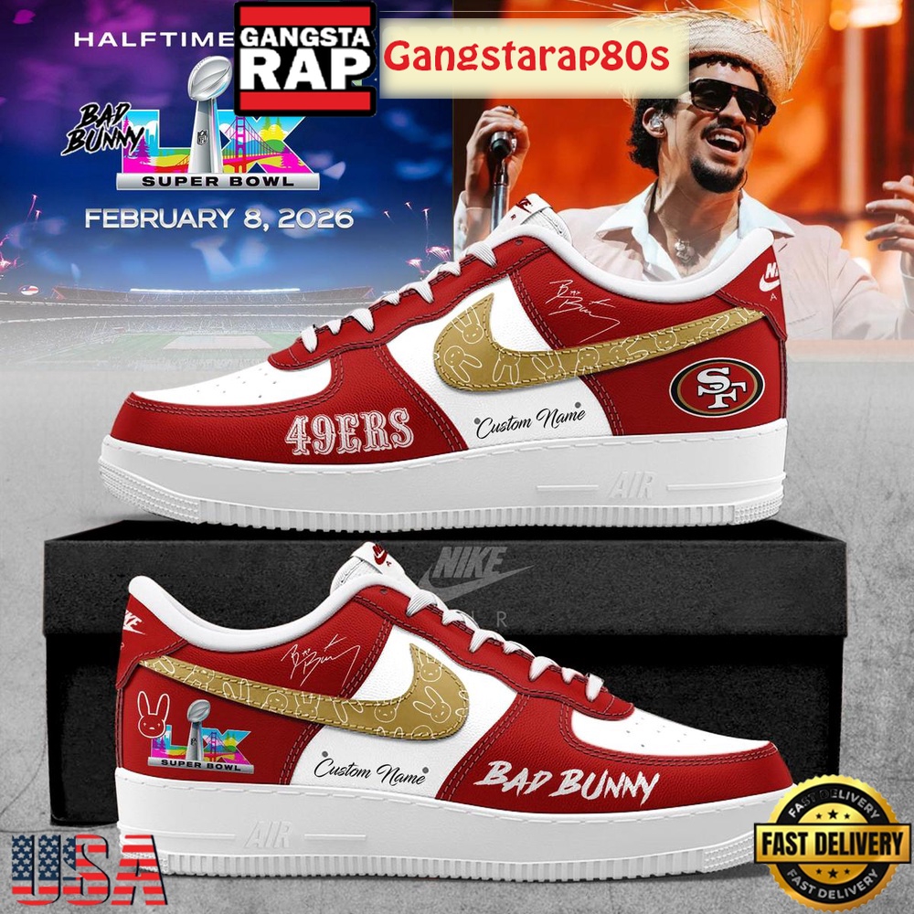 San Francisco 49ers NFL Bad Bunny Super Bowl LX 2026 Custom Air Force 1 Sneakers Shoes