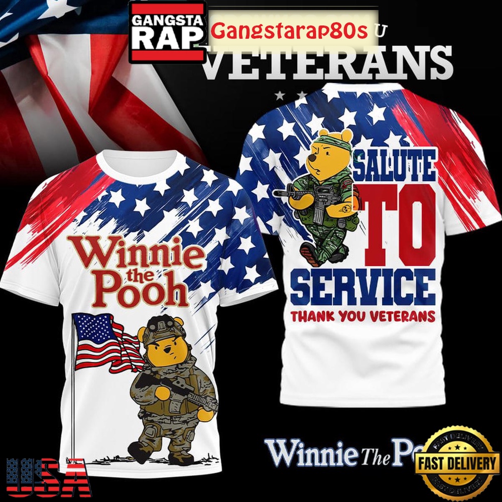 Winnie The Pooh Salute To Service Thank You Veterans 3D Shirt