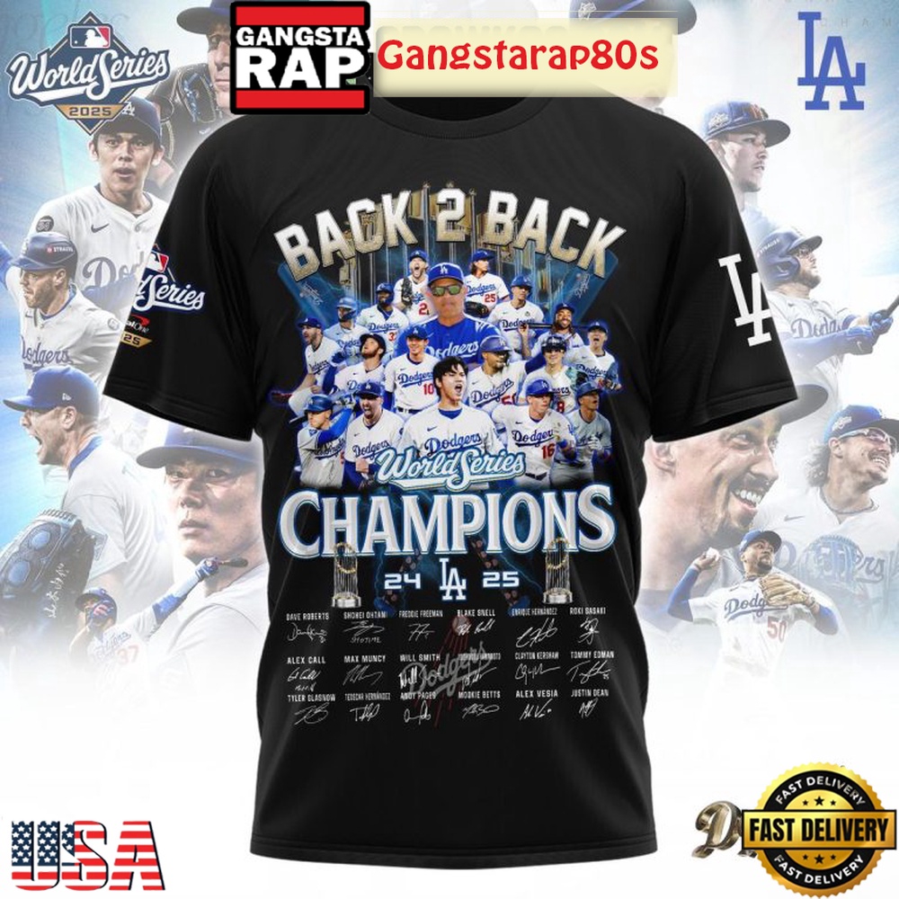Los Angeles Dodgers Celebration Back 2 Back World Series Champions Black Shirt