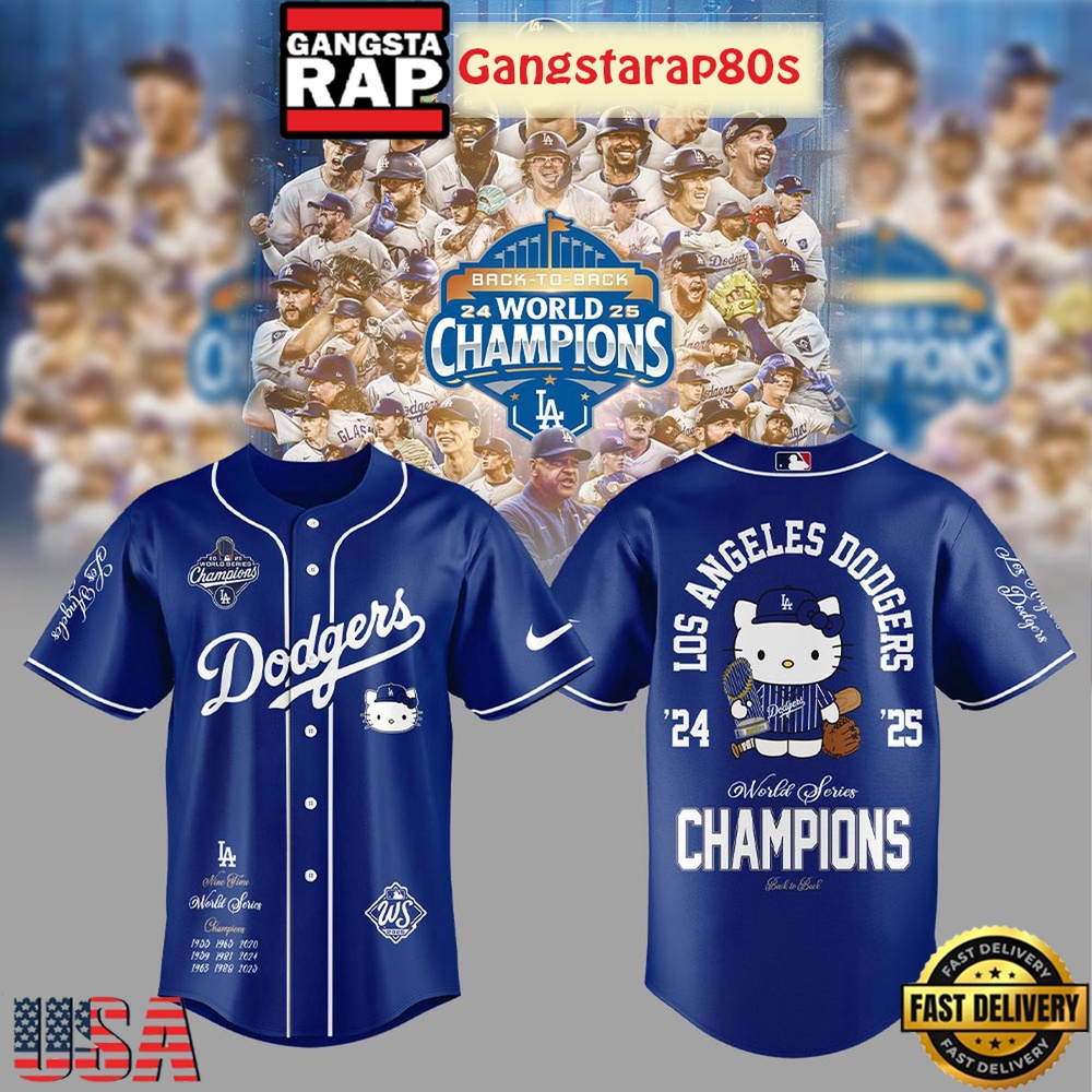 Los Angeles Dodgers x Hello Kitty 2025 World Series Champions Baseball Jersey Shirt