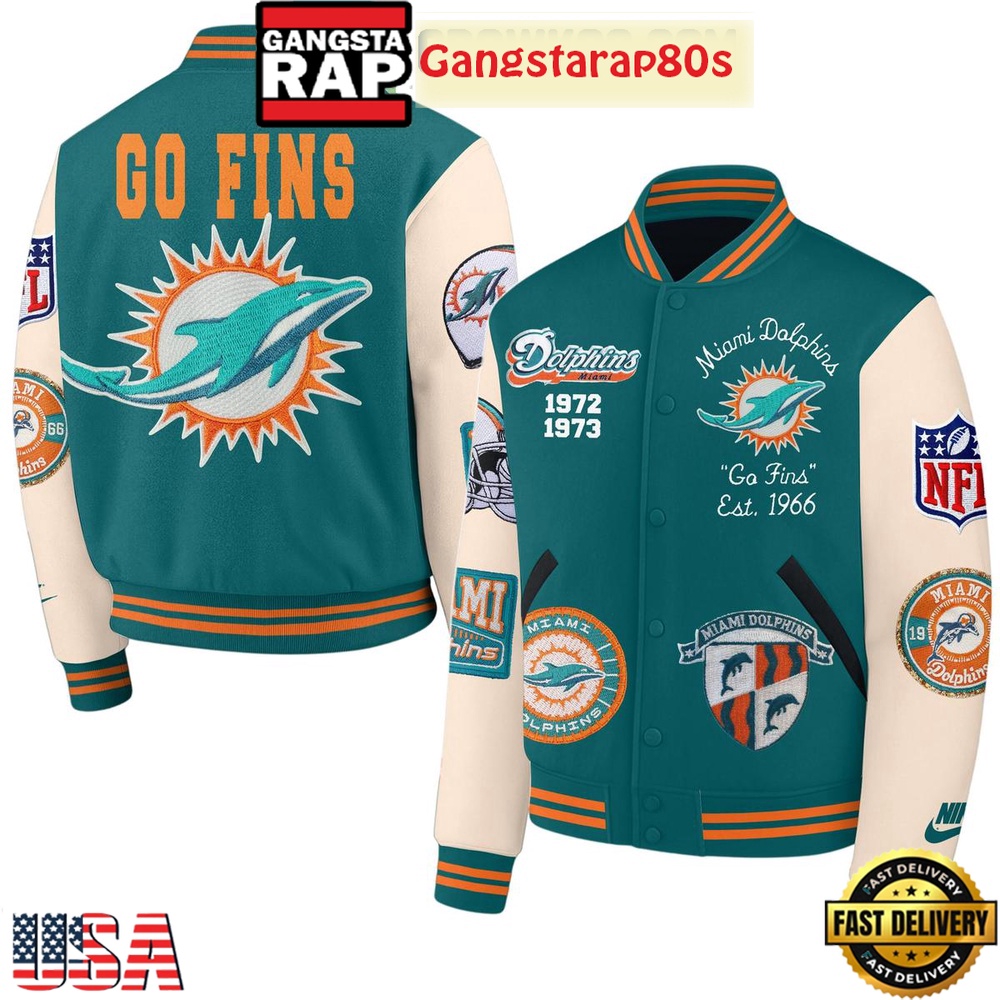 Miami Dolphins Go Fins Est 1966 New Edition Baseball Jacket