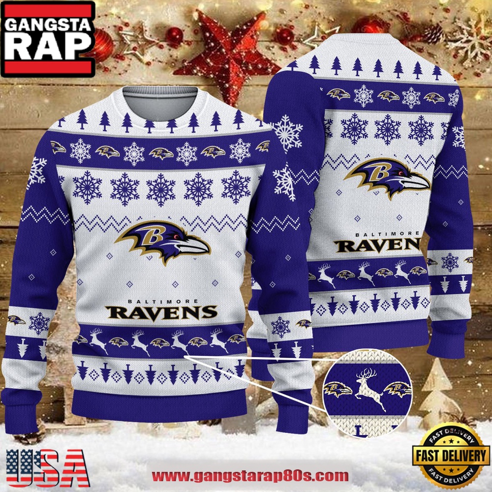 NFL Baltimore Ravens 2025 Reindeer Christmas Tree Ugly Xmas Sweater