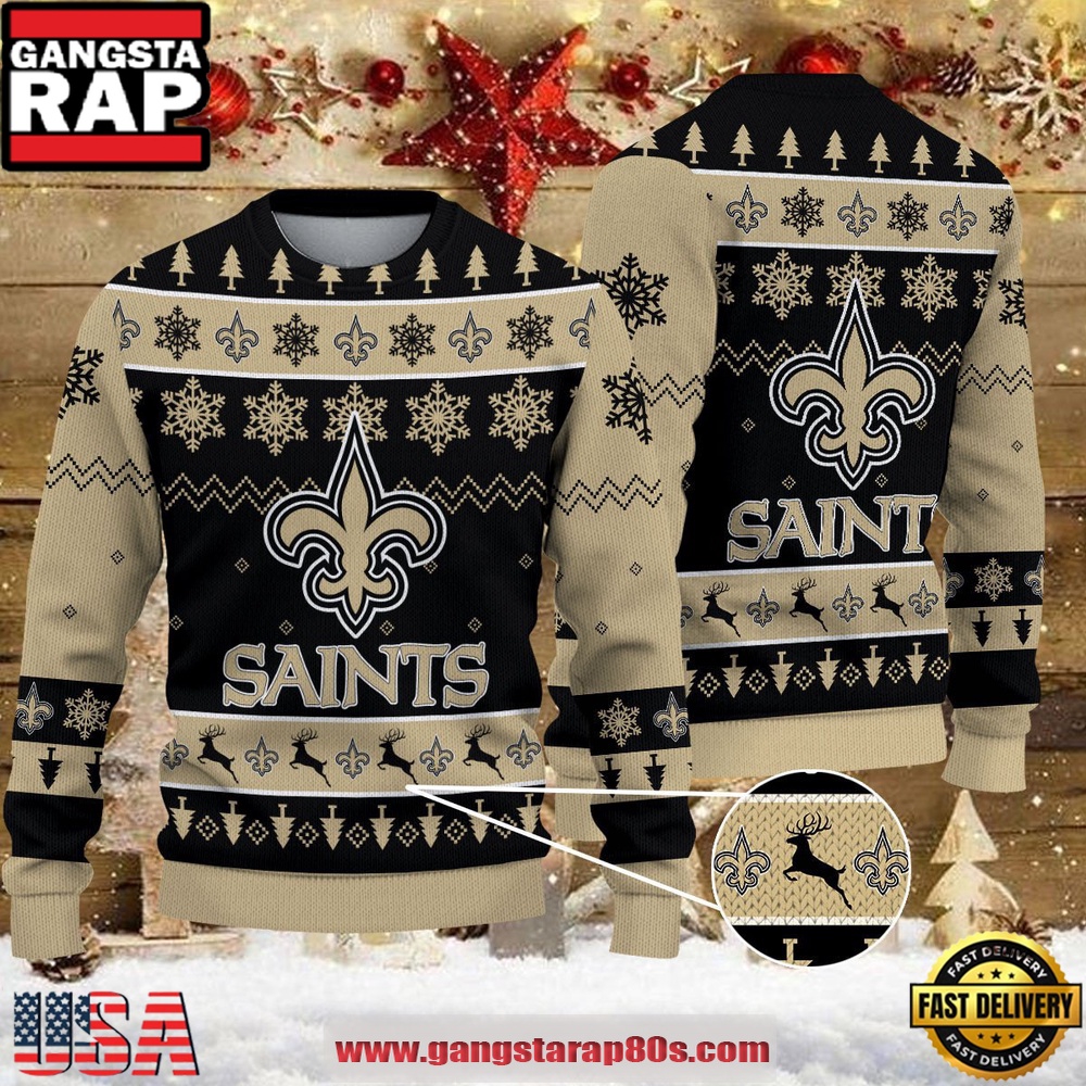 NFL New Orleans Saints 2025 Reindeer Christmas Tree Ugly Xmas Sweater