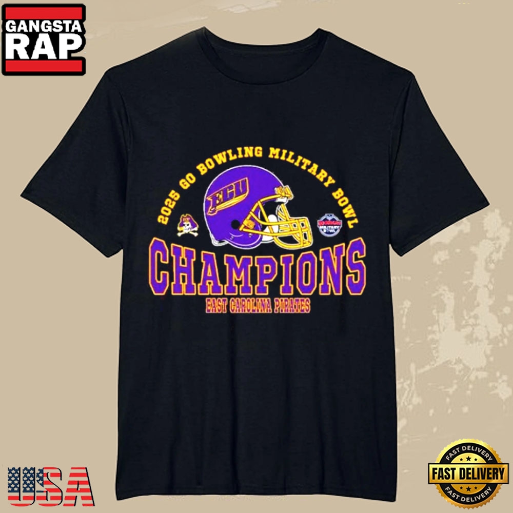 East Carolina Pirates Football 2025 Go Bowling Military Bowl Champions T Shirt