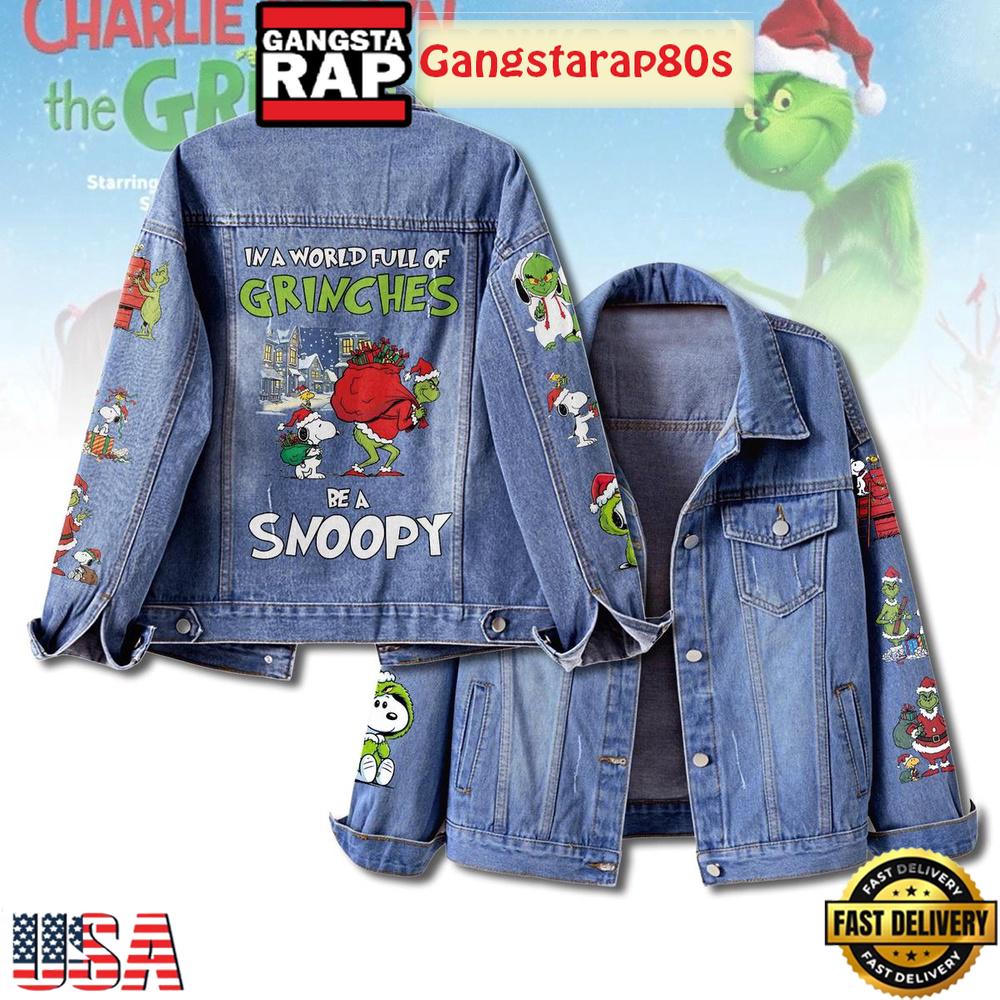 In A World Full Of Grinches Be A Snoopy Christmas 2025 Denim Jacket