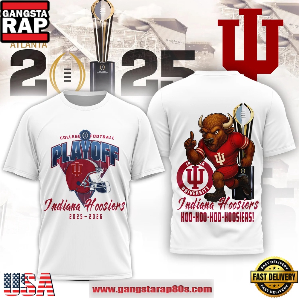 Indiana Hoosiers NCAA College Football Playoff 2025-26 T Shirt-White Indiana Hoosiers NCAA College Football Playoff 2025-26 T Shirt-White