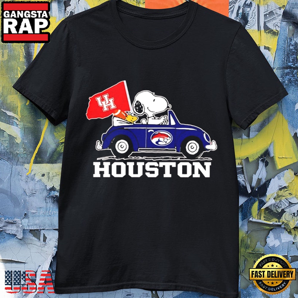 Snoopy and Woodstock x Houston Cougars Driving Car T-Shirt