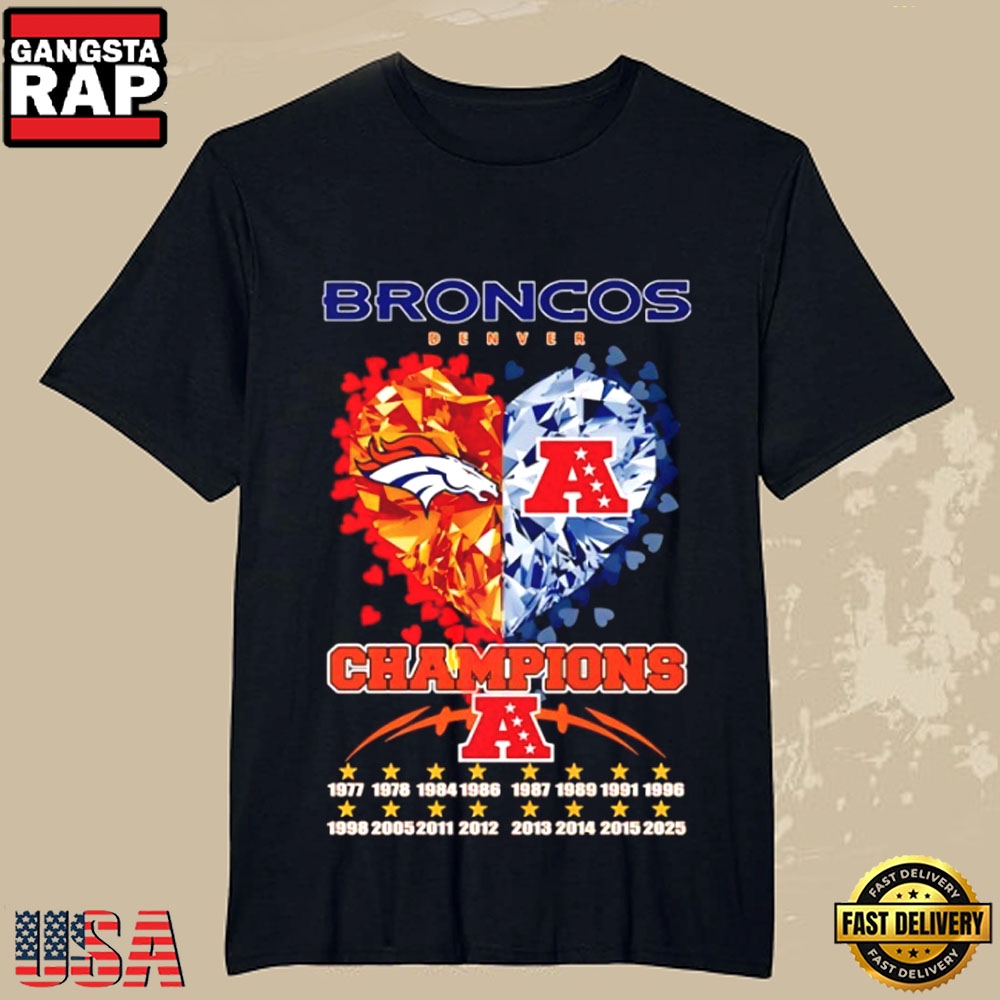 Denver Broncos 2026 AFC Champions 16X Diamond Heart T-Shirt Denver Broncos 2026 AFC Champions 16X Diamond Heart T-Shirt