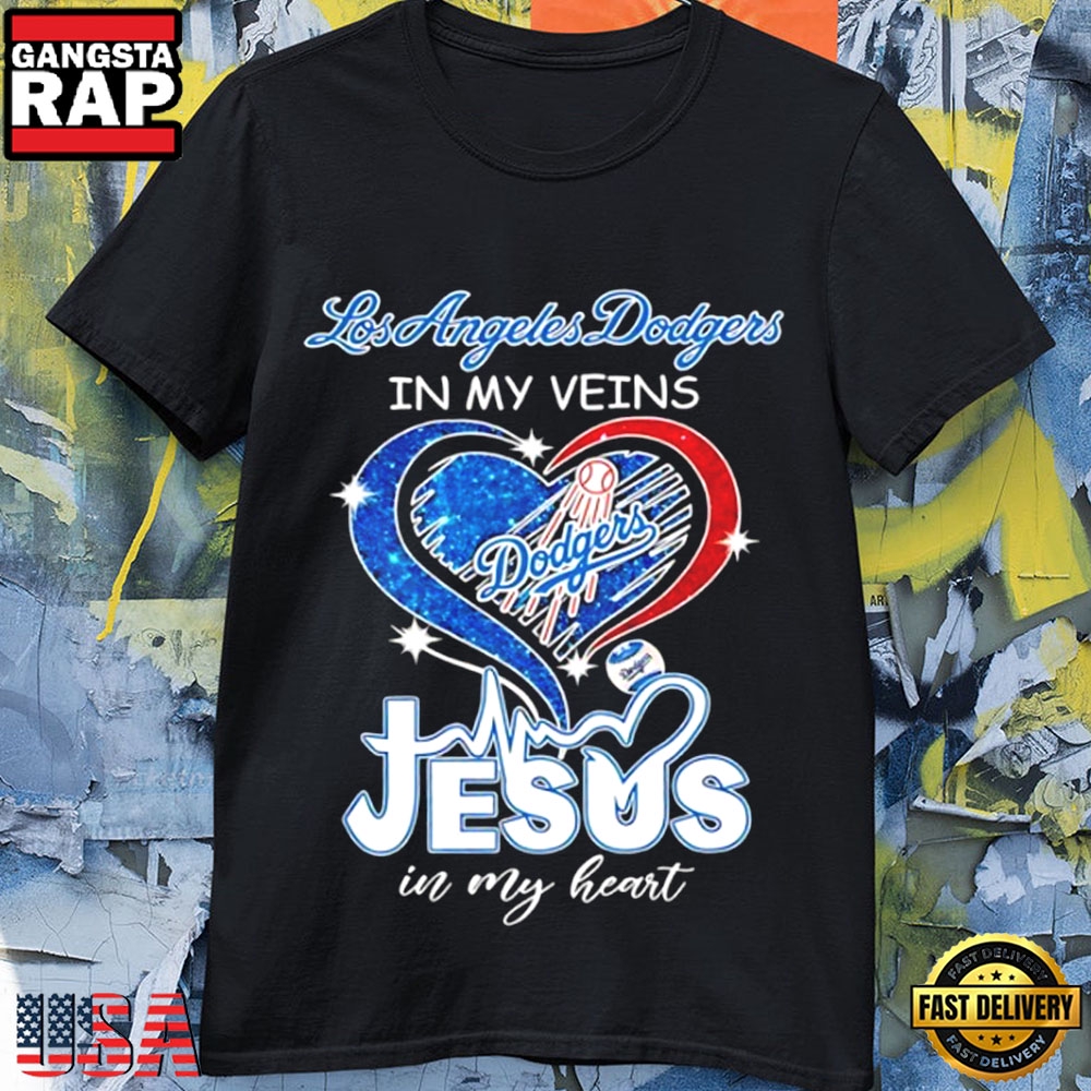 Dodgers in My Veins Jesus in My Heart Diamond Heart T-Shirt