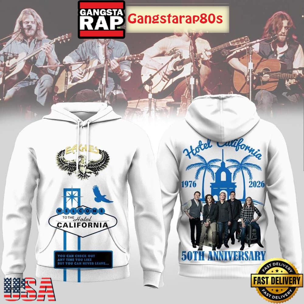 Eagles Hotel California 50th Anniversary 2026 White Hoodie