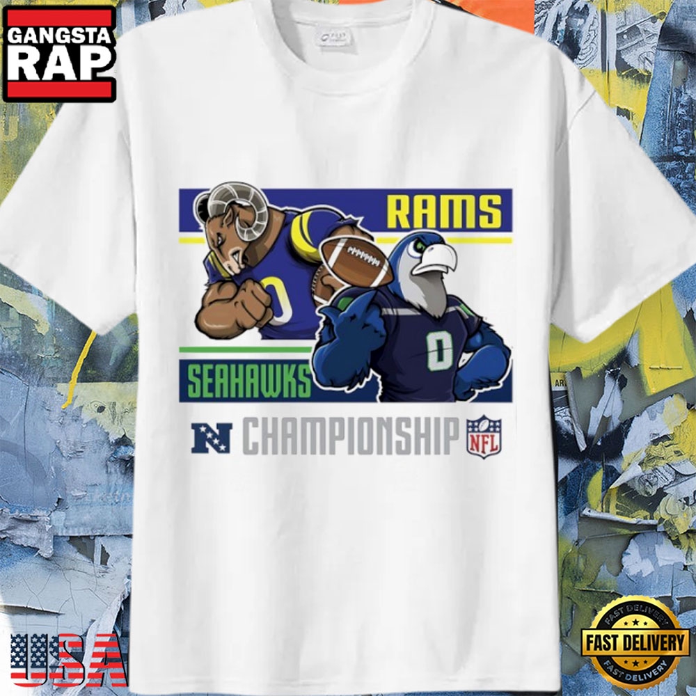 Los Angeles Rams vs Seattle Seahawks 2026 NFL Conference Championship Mascot T-Shirt Los Angeles Rams vs Seattle Seahawks 2026 NFL Conference Championship Mascot T-Shirt