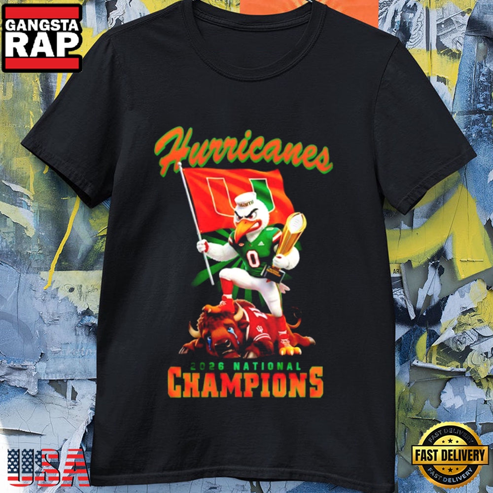 Miami Hurricanes 2026 NCAA National Champions Mascot Trophy Win T-Shirt Miami Hurricanes 2026 NCAA National Champions Mascot Trophy Win T-Shirt