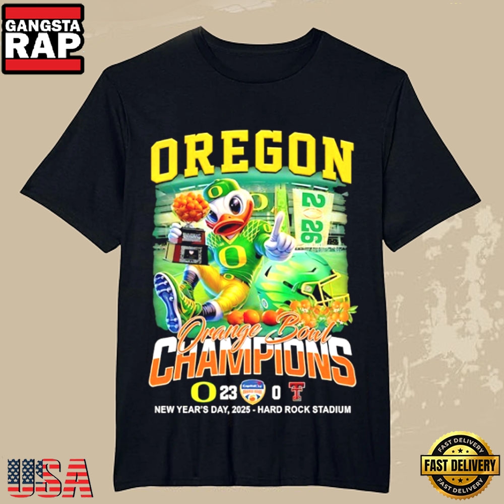 Oregon Ducks 2026 Orange Bowl Champions Mascot at Hard Rock Stadium T-Shirt Oregon Ducks 2026 Orange Bowl Champions Mascot at Hard Rock Stadium T-Shirt