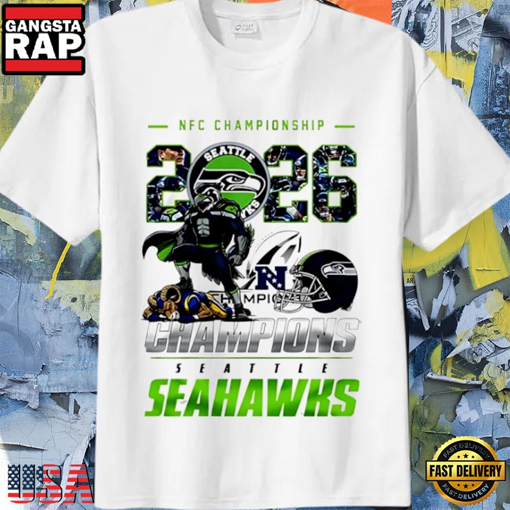 Seattle Seahawks 2026 NFC Champions Super Bowl Mascot T-Shirt Seattle Seahawks 2026 NFC Champions Super Bowl Mascot T-Shirt
