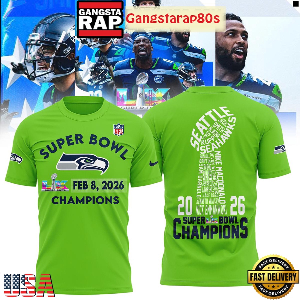 Seattle Seahawks 2026 Champions Super Bowl LX Green 3D Shirt
