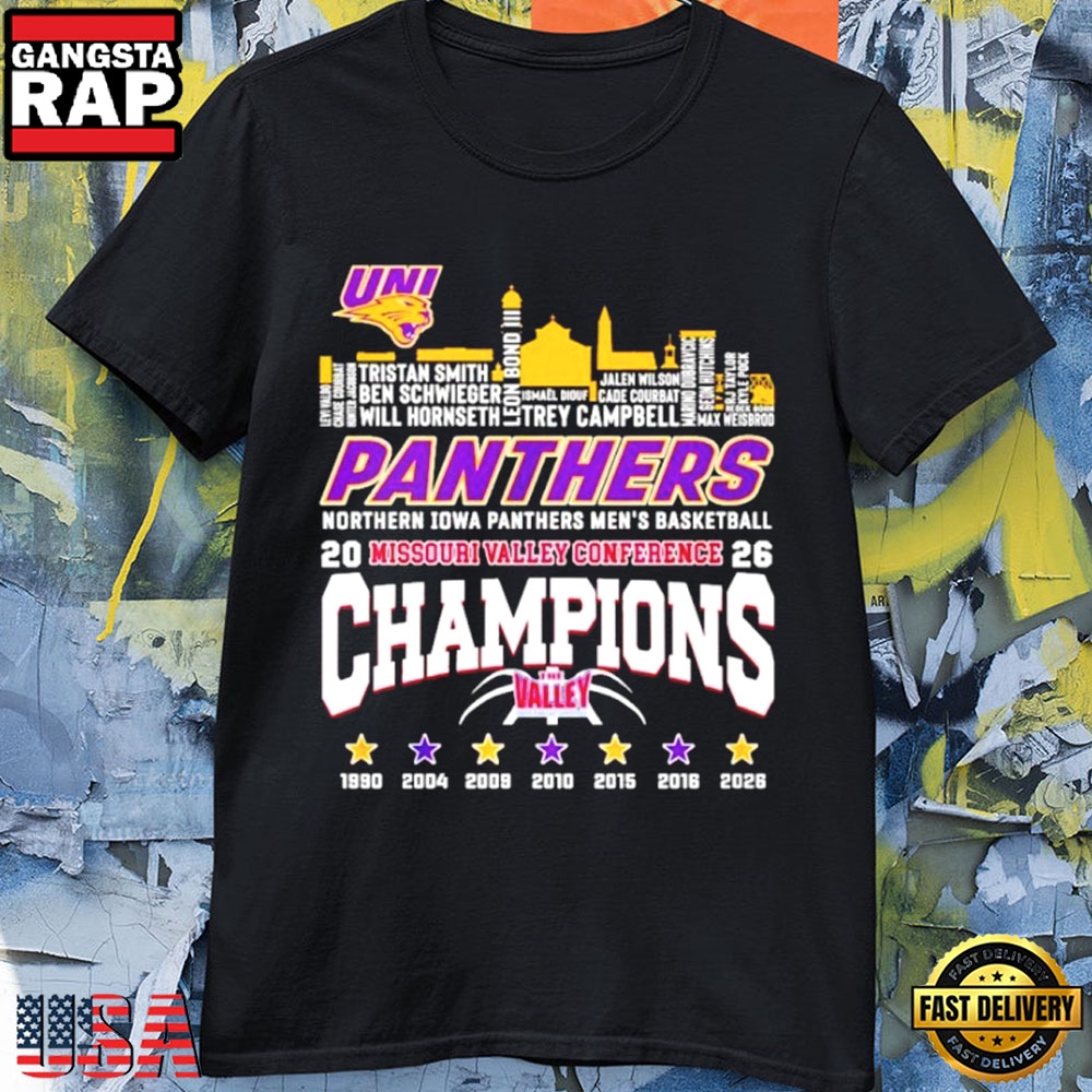 2026 Northern Iowa Panthers MVC Champions Skyline Design T-Shirt