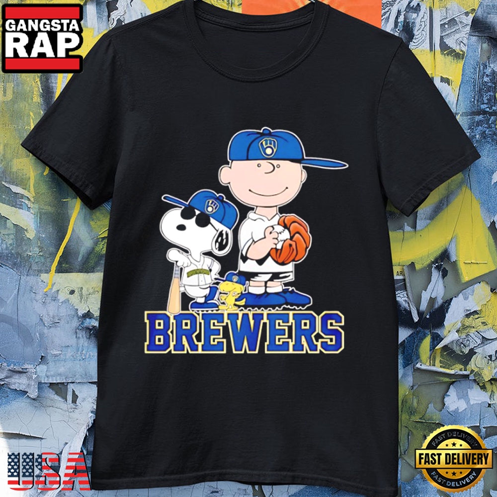 Peanuts x Milwaukee Brewers MLB 2026 Cartoon Style Baseball Graphic T-Shirt