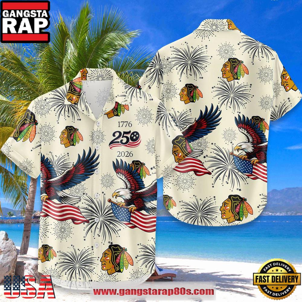 Chicago Blackhawks Hawaiian Shirt USA Flag 250 Years of Freedom Anniversary 1776-2026