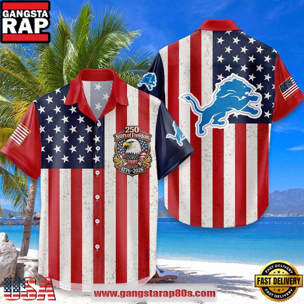 Detroit Lions Hawaiian Shirt USA Flag 250 Years of Freedom Anniversary 1776-2026