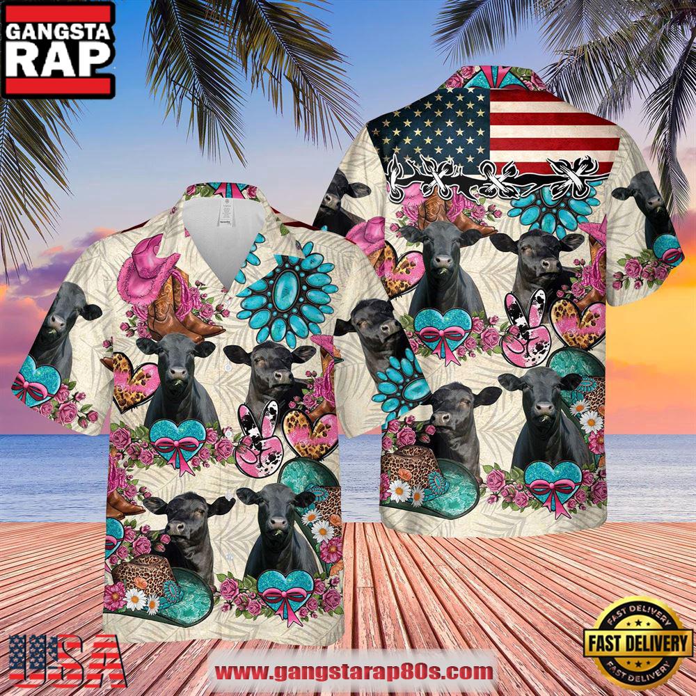 Farm Hawaiian Shirt, Black Angus Happiness Flowers 3D Hawaiian Shirt, Cow Hawaiian Shirt
