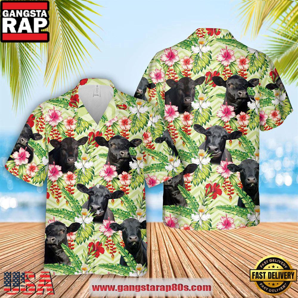 Farm Hawaiian Shirt, Black Angus Hibicus Floral 3D Hawaiian Shirt, Cow Hawaiian Shirt