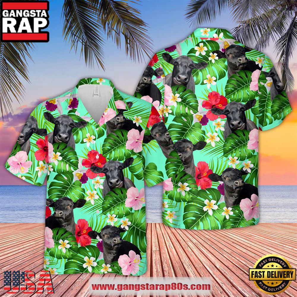 Farm Hawaiian Shirt, Black Angus Hibicus Tropical Pattern 3D Hawaiian Shirt, Cow Hawaiian Shirt