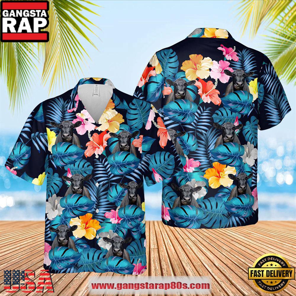 Farm Hawaiian Shirt, Black Angus Pattern Navy Hawaiian Shirts, Cow Hawaiian Shirt
