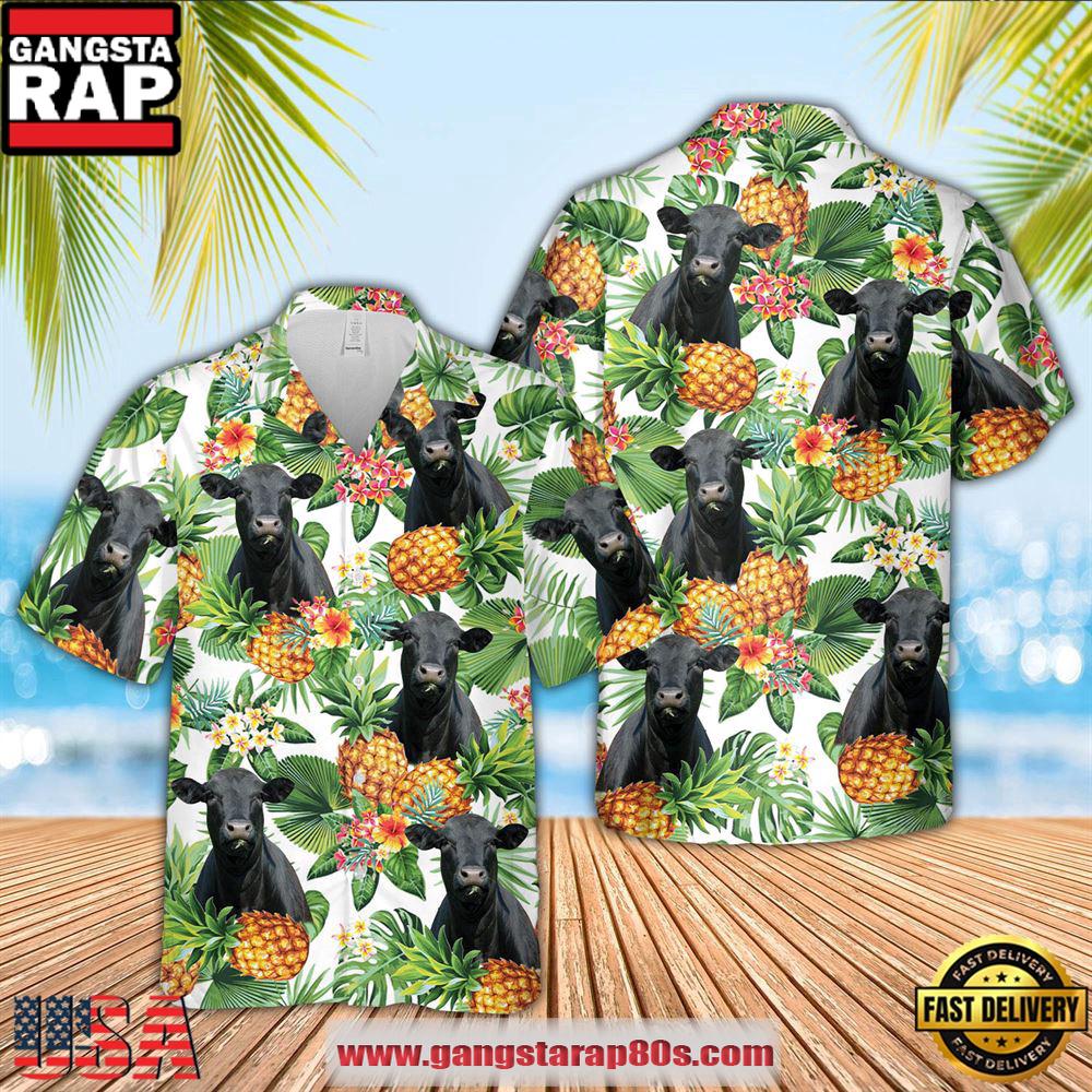Farm Hawaiian Shirt, Black Angus Pineapple Pattern 3D Hawaiian Shirt, Cow Hawaiian Shirt