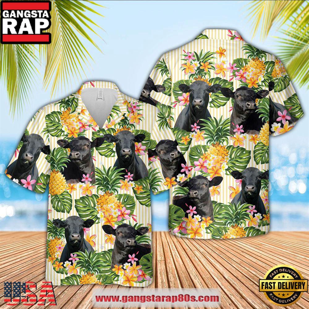 Farm Hawaiian Shirt, Black Angus Pineapple Pattern Hawaiian Shirt, Cow Hawaiian Shirt